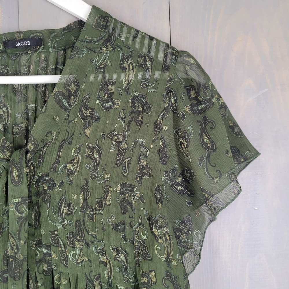 Jacob Paisley Sheer Babydoll Blouse Women Medium Green Short Sleeve Pleated - Picture 4 of 8
